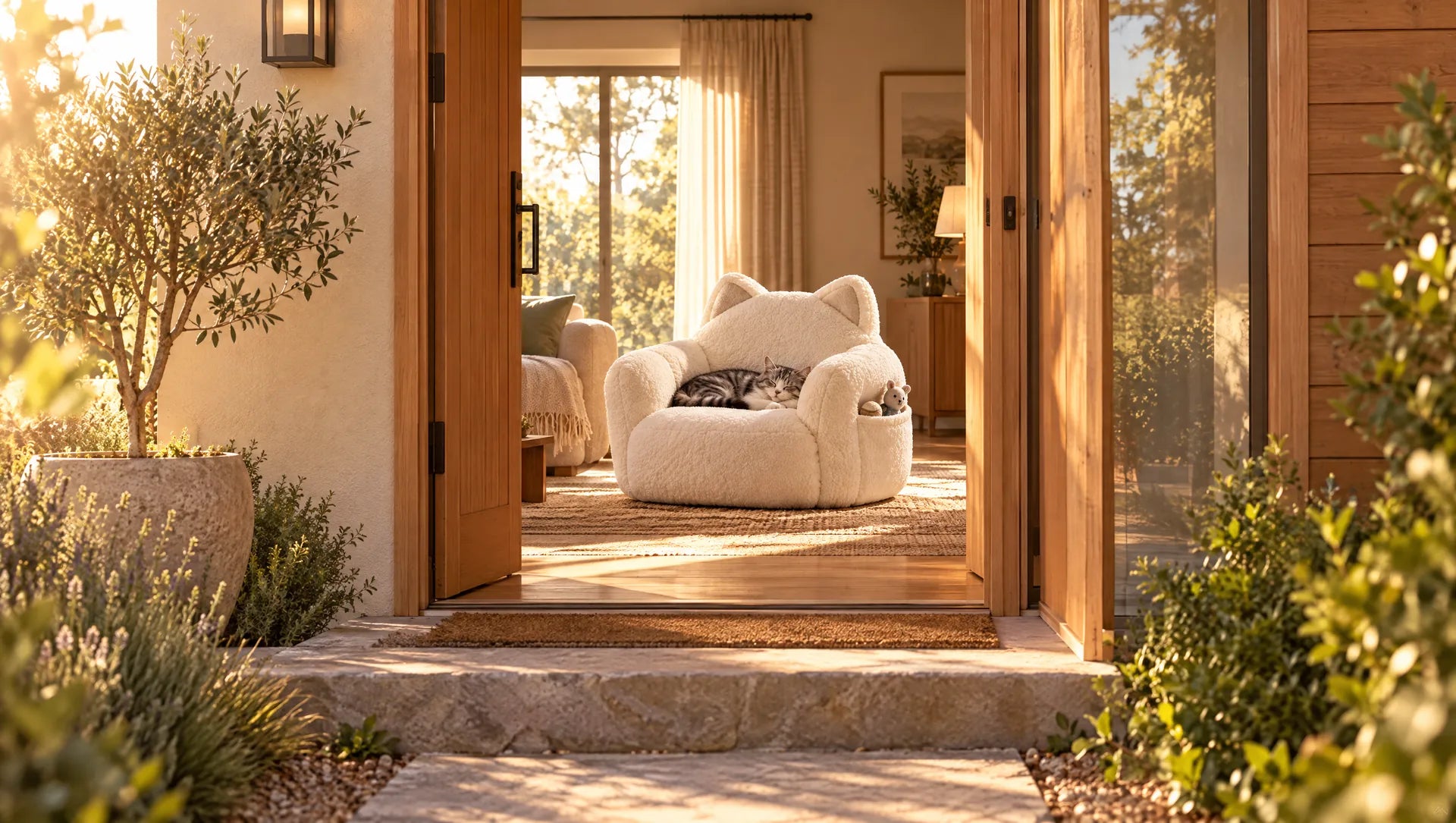 Front door open onto a sunny living room, where a cat sleeps on a white PurrNest Cozy Chair