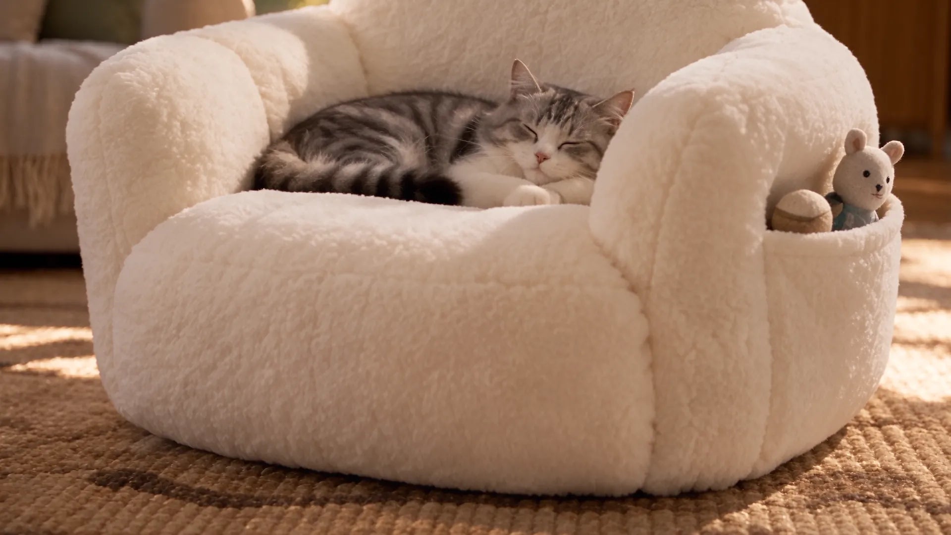 Close-up of the white chair's sherpa fabric and side pocket holding a small toy, with a cat asleep inside