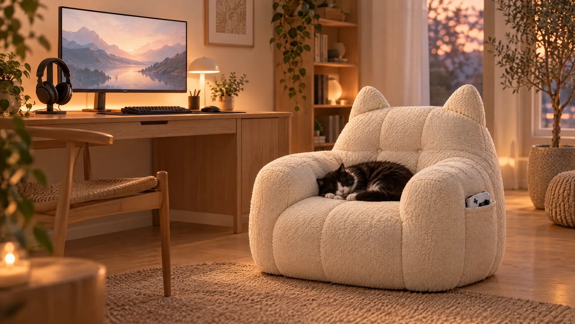 White PurrNest chair beside a desk with a monitor and headphones, a cat asleep on the seat