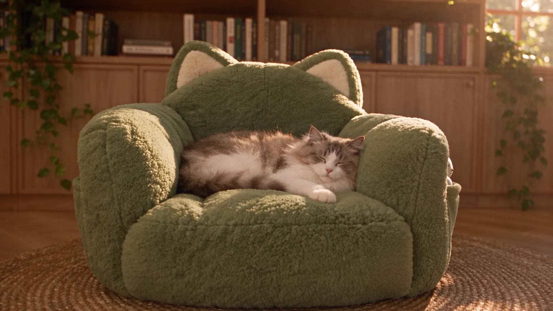 Green PurrNest chair in a living room with bookshelves, a fluffy cat asleep on the seat