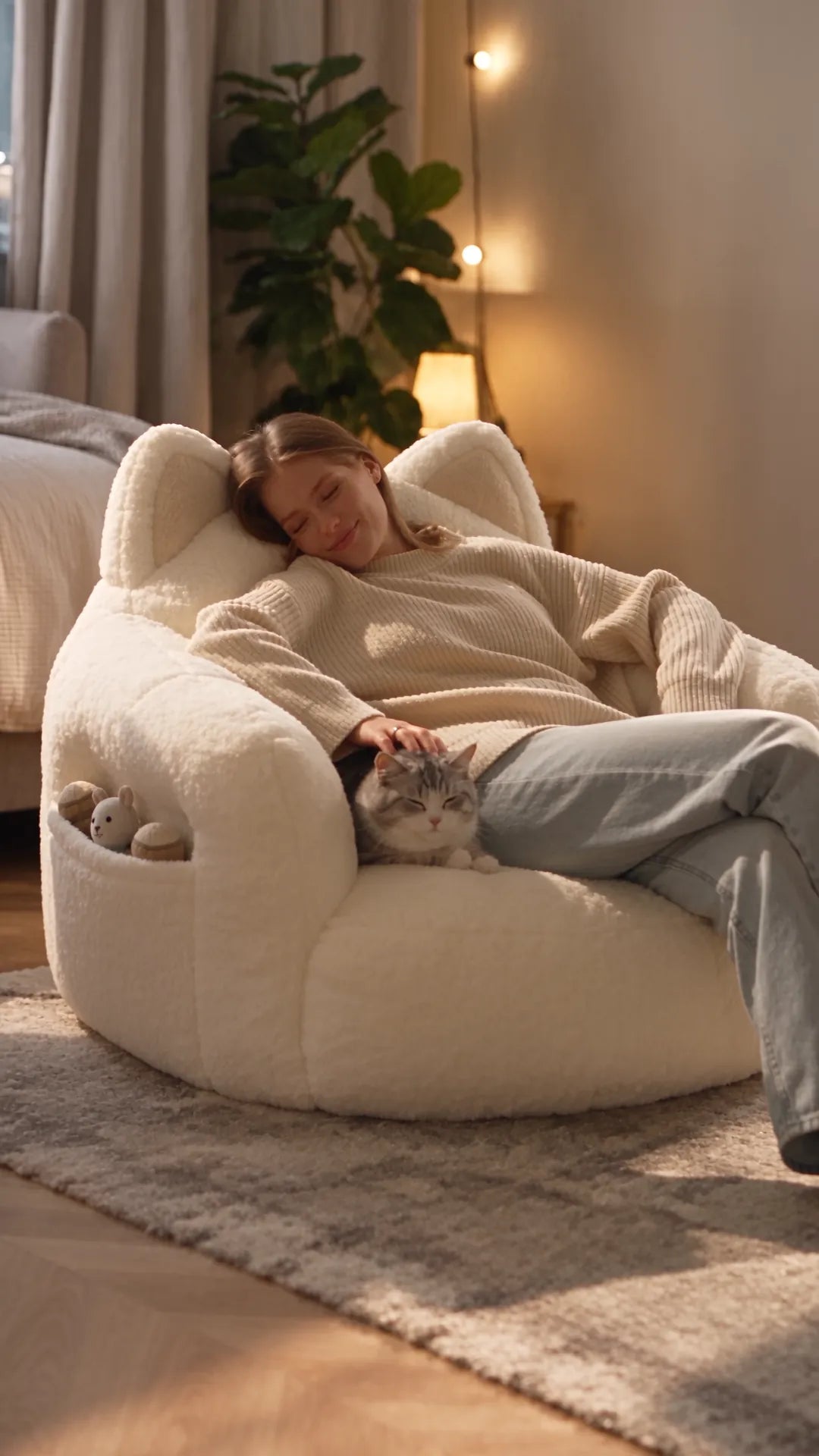 A woman asleep in the white PurrNest chair with a grey tabby resting on her lap