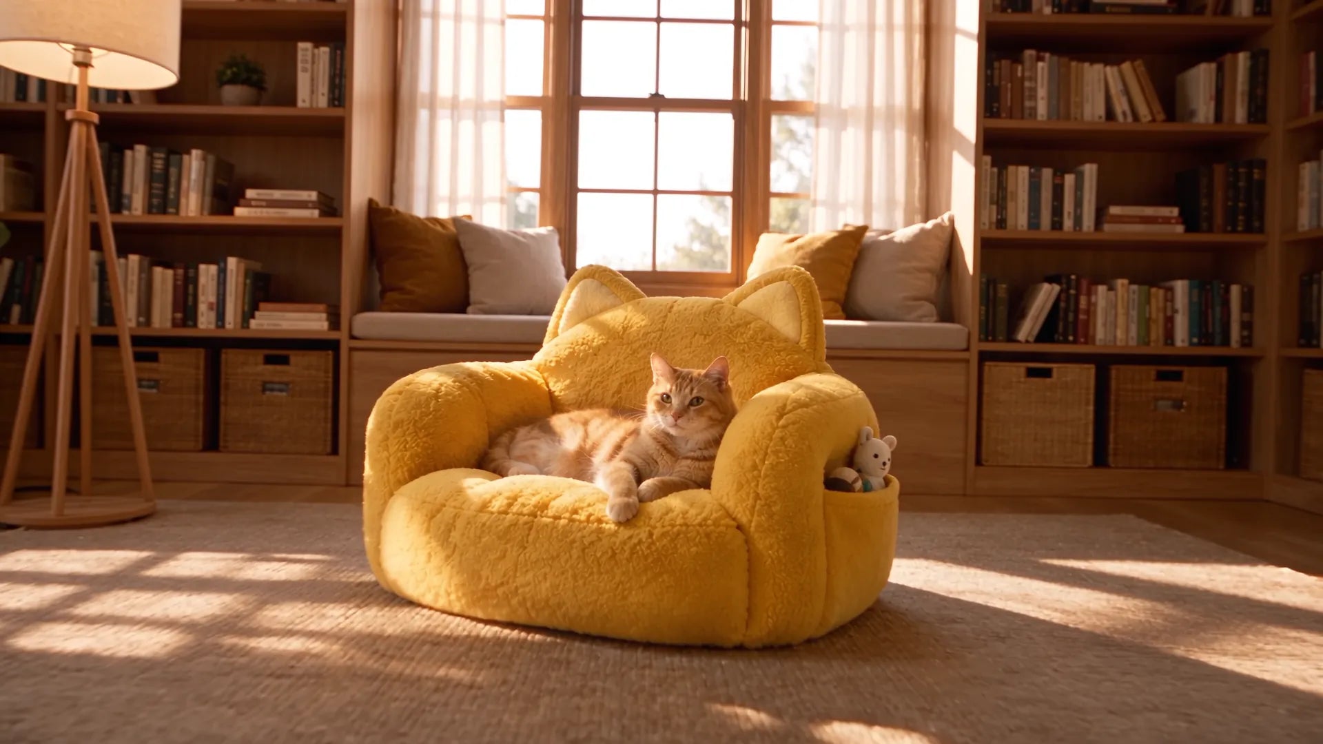 Yellow PurrNest chair in a library corner with a ginger cat lounging on it