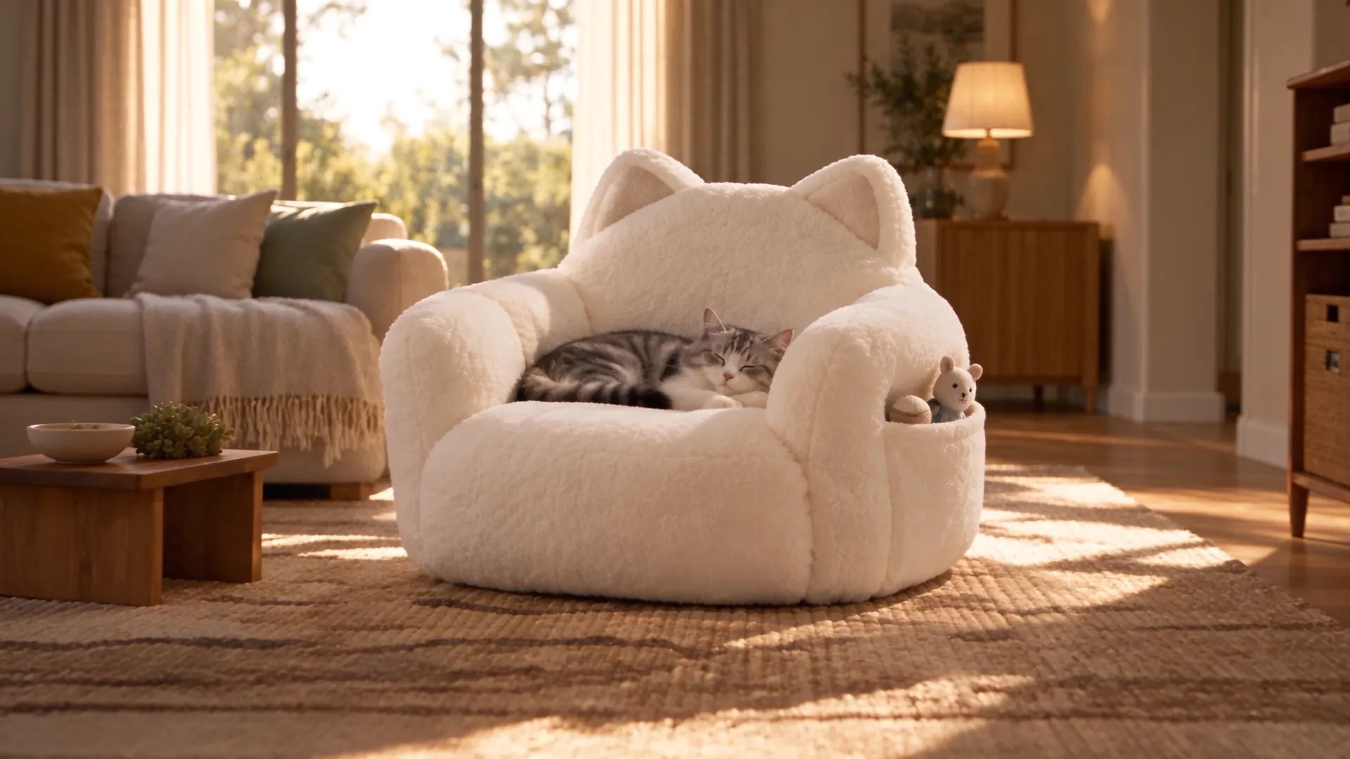 White PurrNest Cozy Chair in a sunlit living room with a tabby cat asleep on the seat